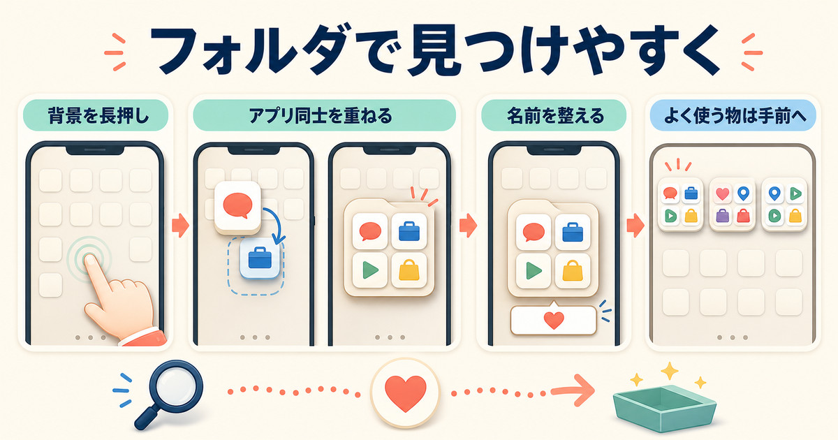 アプリ同士を重ねてフォルダを作り、名前を整え、よく使うアプリを手前に置く図
