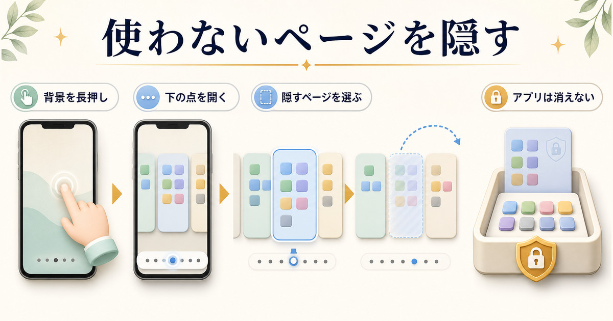 背景を長押しし、ページ一覧から使わないページを非表示にして、アプリは残す流れ