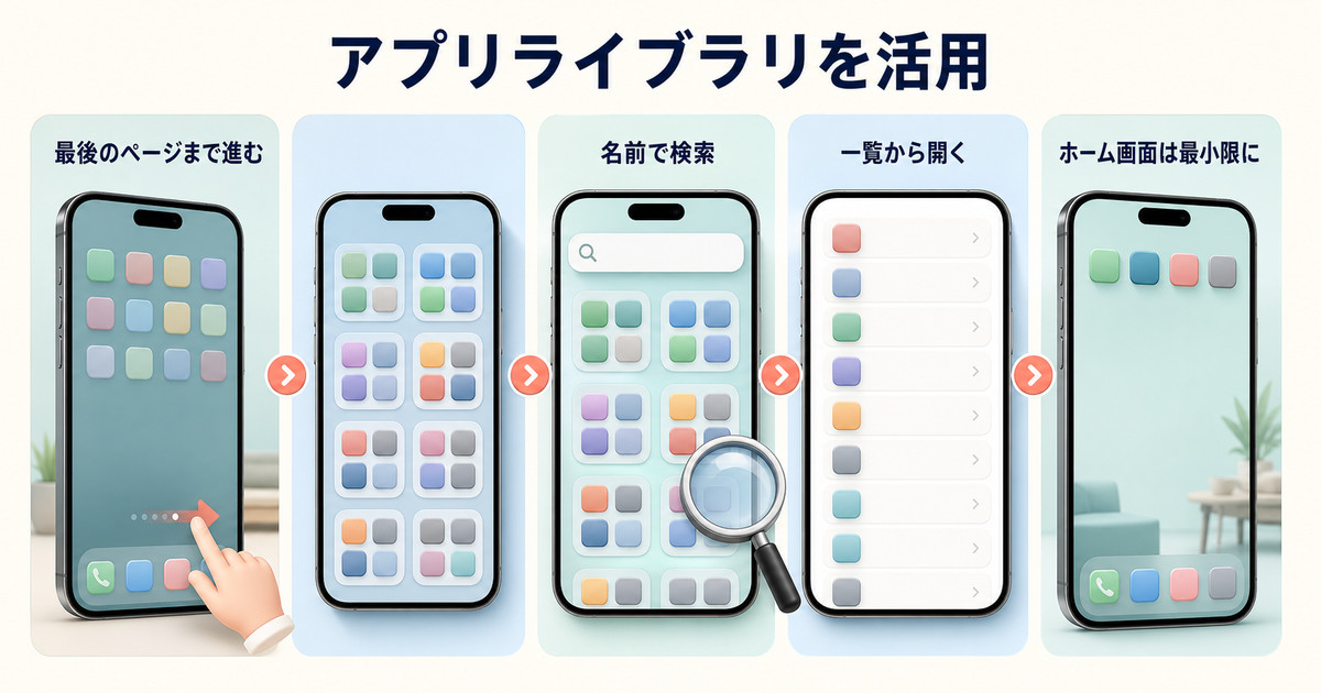 アプリライブラリを開き、名前や一覧から探し、ホーム画面をよく使うアプリだけに絞る図