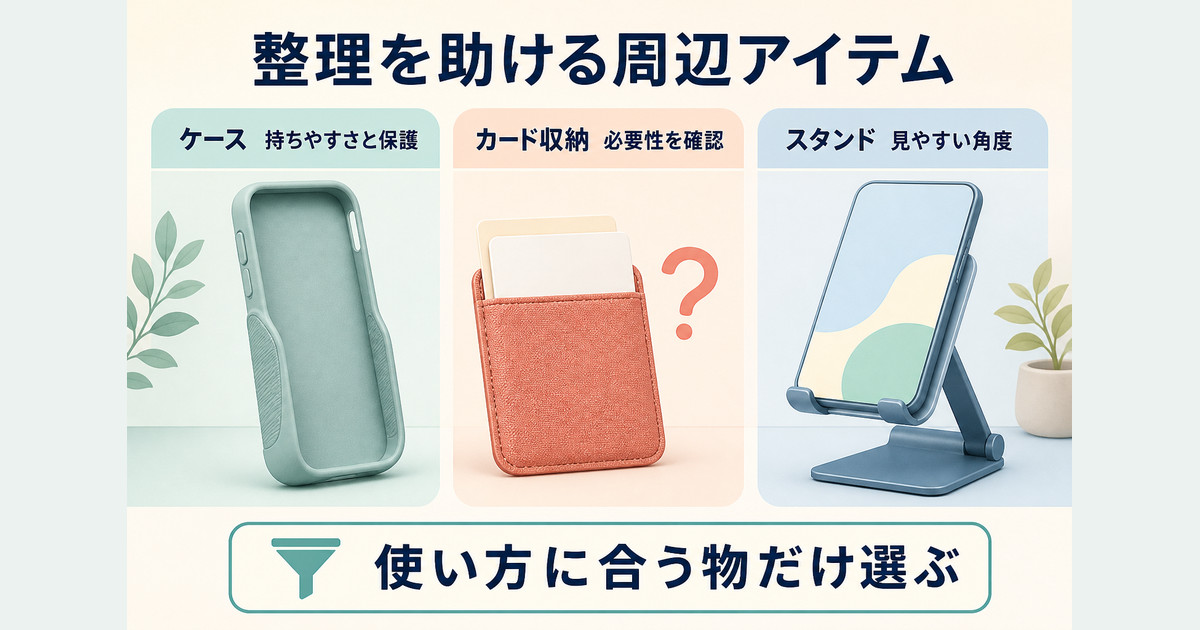 ケース、カード収納、スマホスタンドを保護、必要性、見やすさで選ぶ図