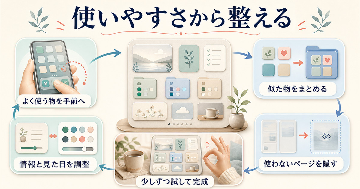 よく使うアプリを手前に置き、似たものをまとめ、ページ、情報、外観を順に整えるまとめ図
