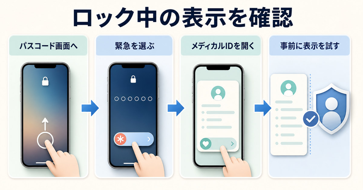 パスコード画面の緊急からメディカルIDを開き、ロック中の表示を事前確認する図