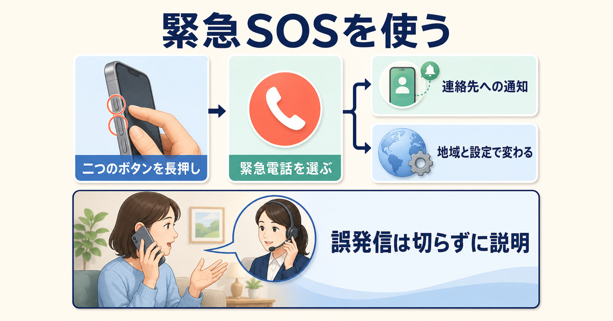 サイドボタンと音量ボタンから緊急電話を開始し、誤発信時は切らずに説明する図