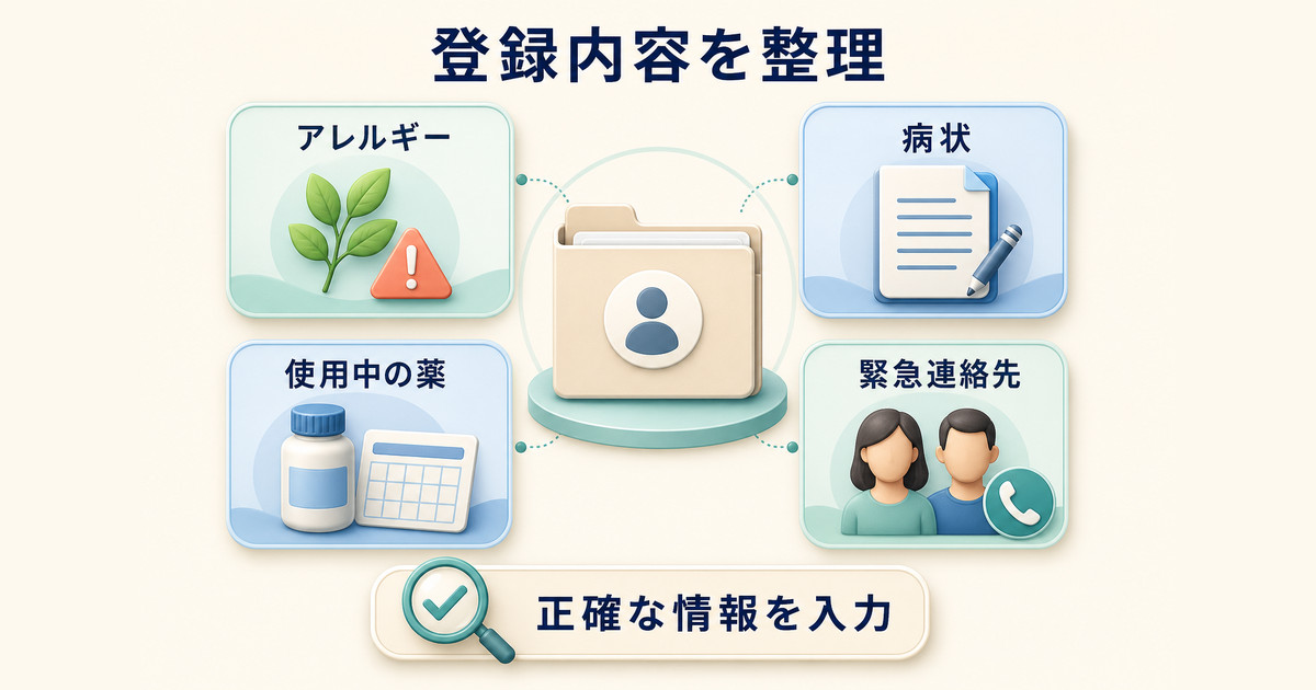 アレルギー、病状、使用中の薬、緊急連絡先などを本人と医療情報に沿って登録する図