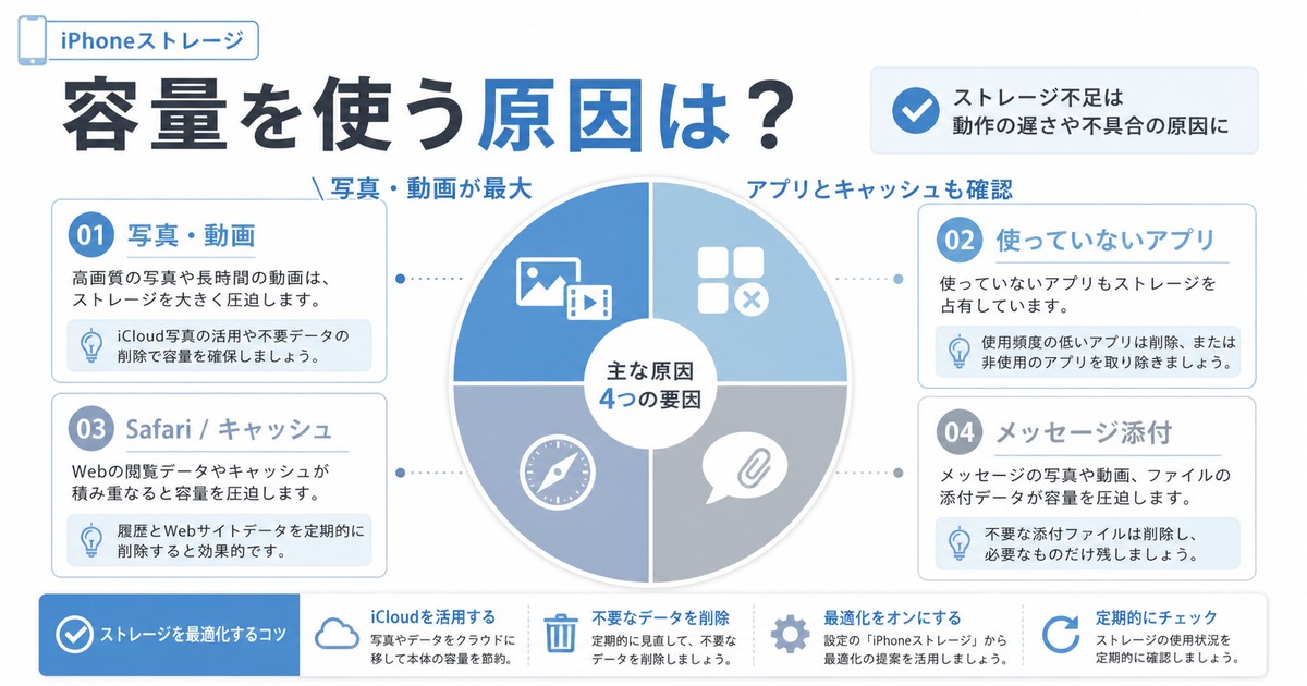 iPhoneのストレージを圧迫する主な原因を切り分ける図解