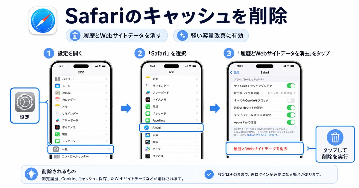 SafariのキャッシュとCookieを削除して容量を整理する手順の図解