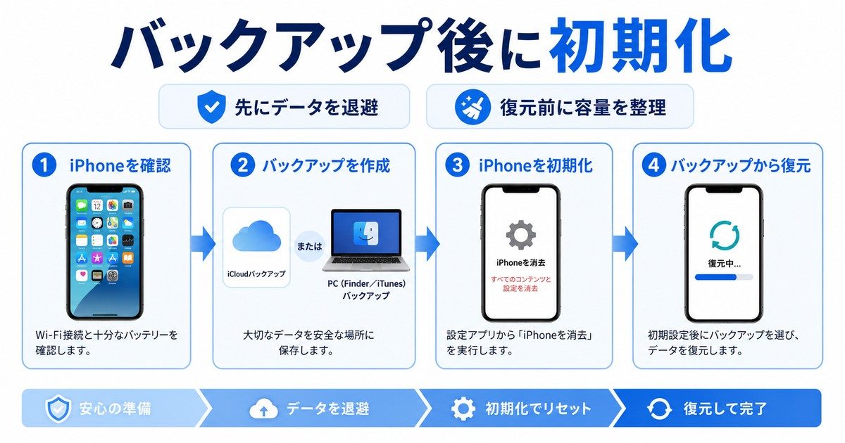 iPhoneをバックアップしてから初期化する前に確認する流れの図解