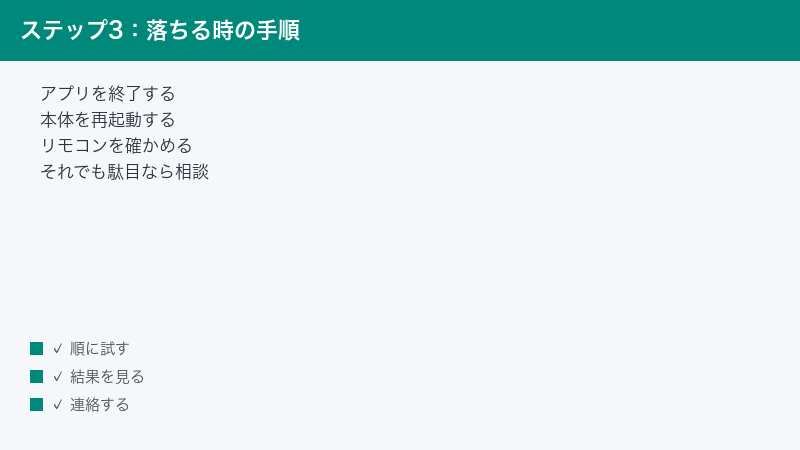 アプリが落ちる時に順番に試す手順を示した図