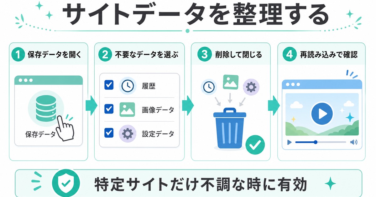 保存データを開いて不要なサイトデータを整理し、再読み込みで確認する流れを整理した図