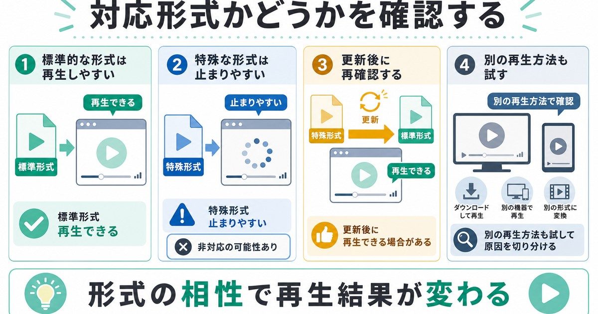 標準的な形式と特殊な形式の違い、更新後の再確認、別の再生方法を整理した図
