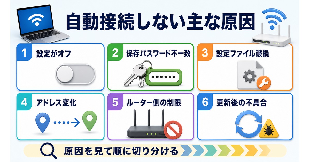 MacのWi-Fiが自動接続しない主な原因を切り分ける図解