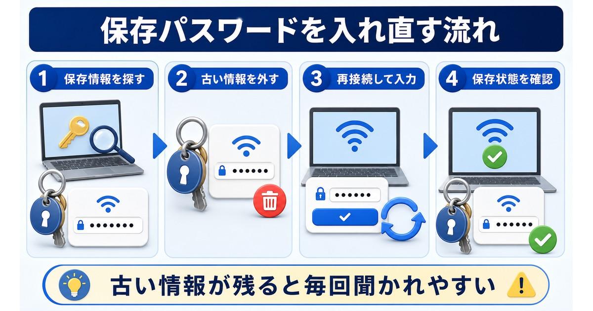 Macの保存済みWi-Fiパスワードを入れ直す流れの図解