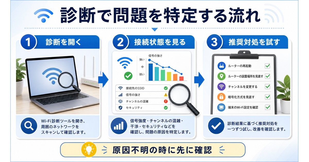 MacのWi-Fi診断ツールで問題の原因を特定する流れの図解