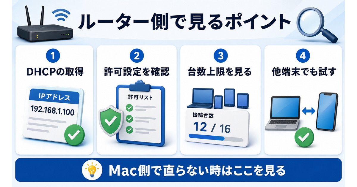 Mac側で直らない時にルーター側で確認するポイントの図解