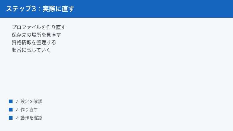 Outlookのプロファイルとデータ保存先を見直す手順を示した図