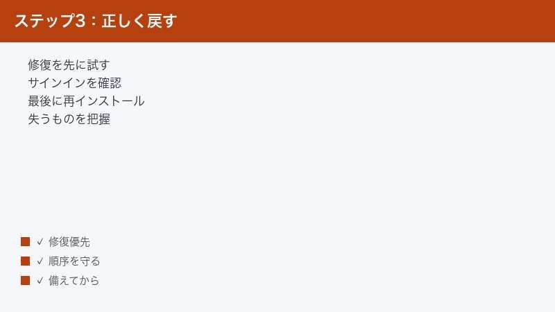 再インストールの前に修復とサインインを確認する手順