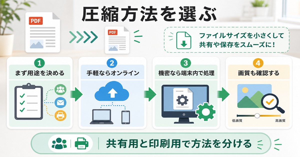 PDF圧縮方法の選び方を共有用と端末内処理の違いで整理した日本語画像