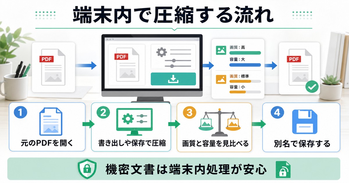 端末内でPDFを圧縮する流れを順番で整理した日本語画像