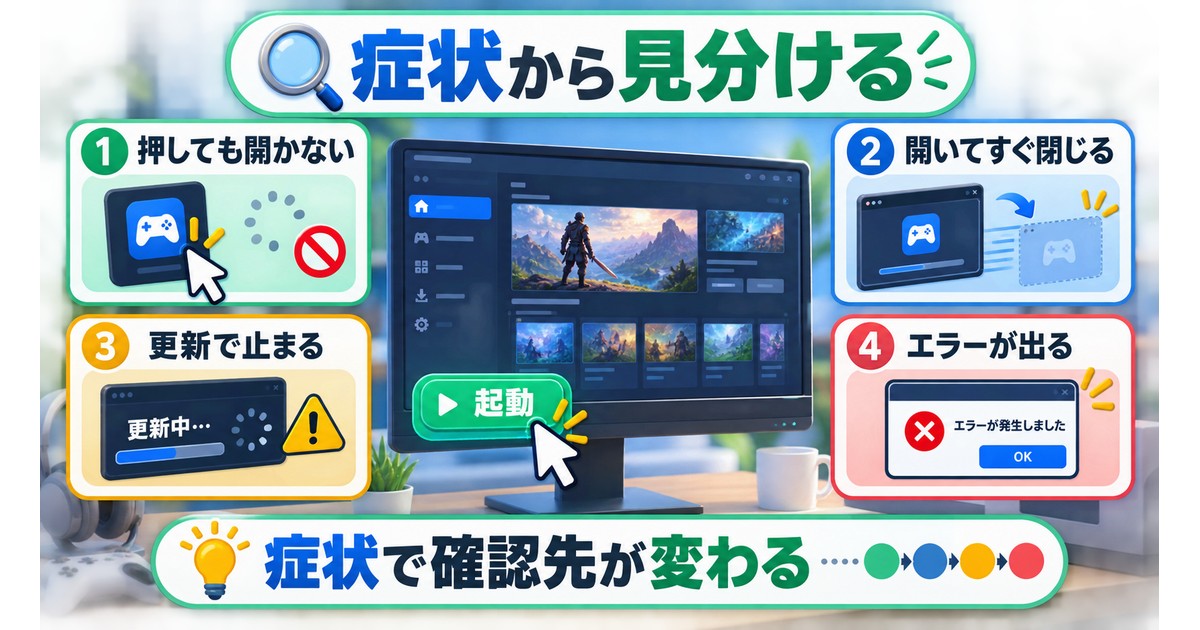 Steamが開かない、すぐ閉じる、更新で止まるなど症状の見分け方を整理した図