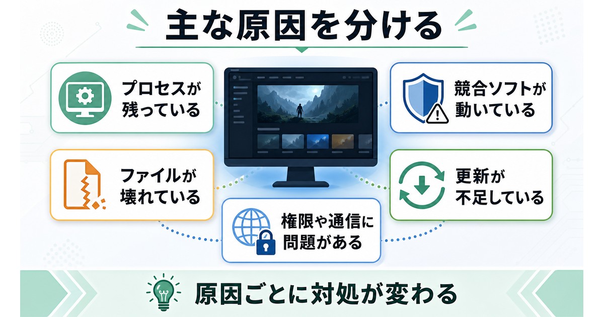 プロセス残り、競合ソフト、ファイル破損、更新不足などSteam起動失敗の原因を整理した図
