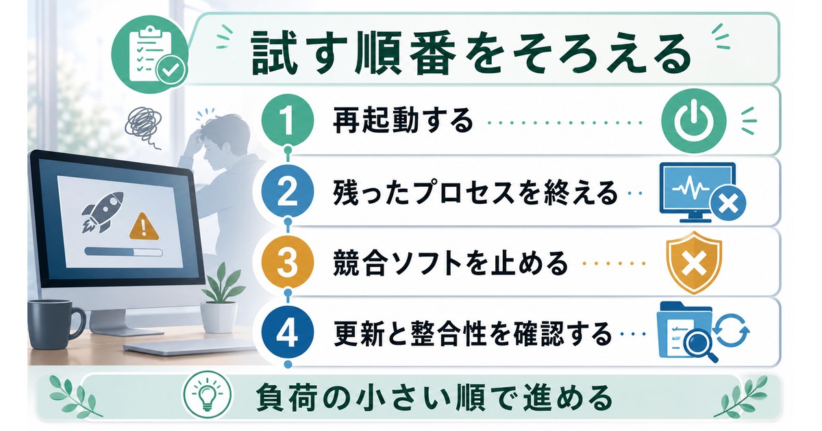 再起動からプロセス終了、競合停止、更新確認までSteam起動トラブルの確認順を整理した図