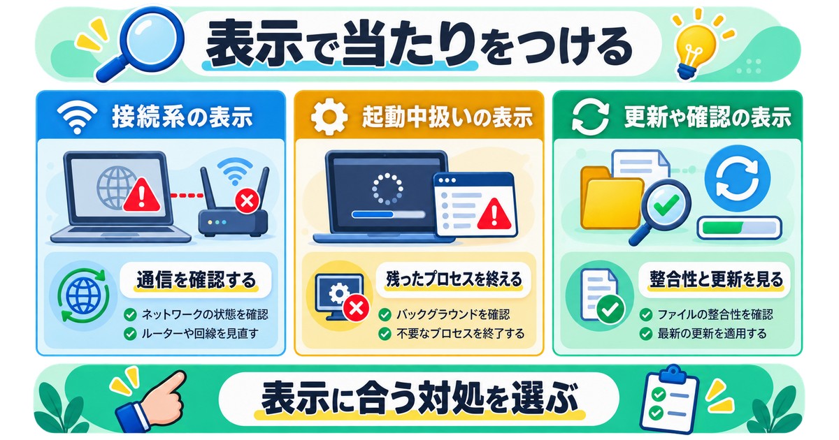 接続系、起動中扱い、更新系などSteamの主なエラー表示を見分ける図