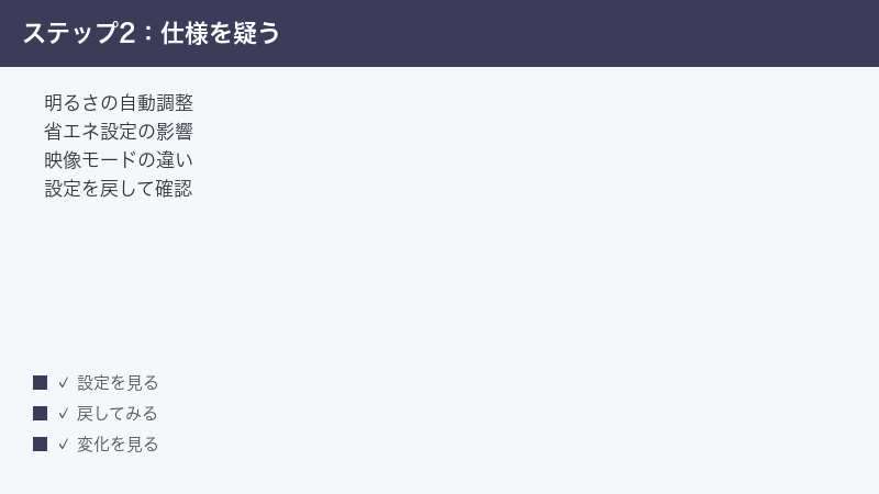 明るさの自動調整など設定を戻して確認する手順
