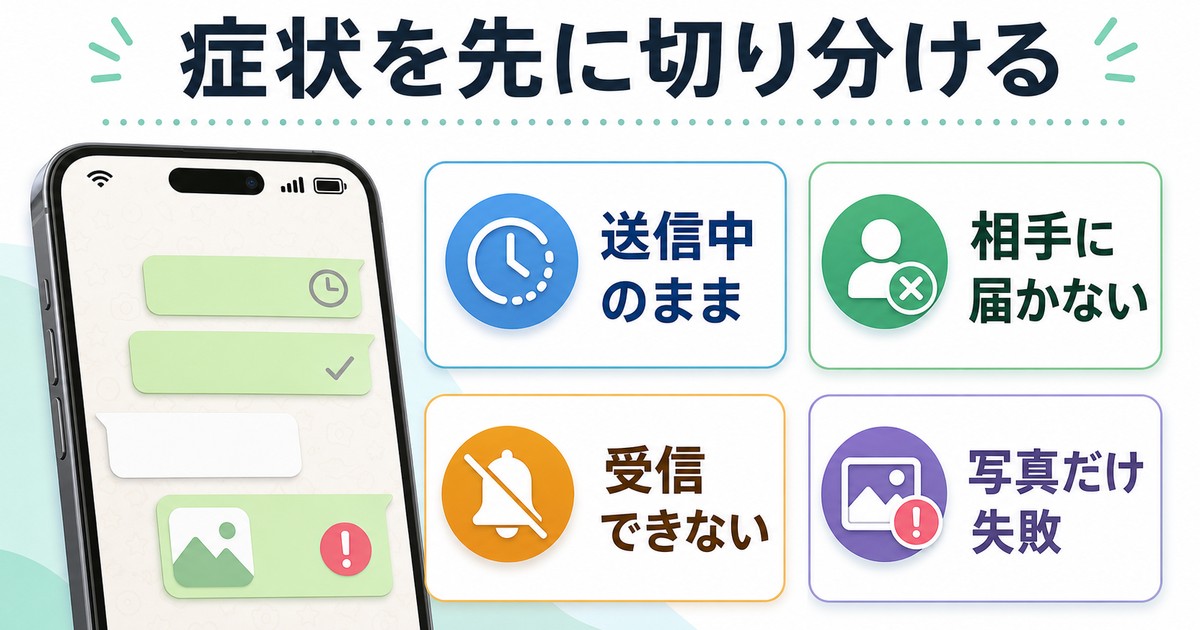 送信中のまま、相手に届かない、受信できない、写真だけ失敗する症状を切り分ける図
