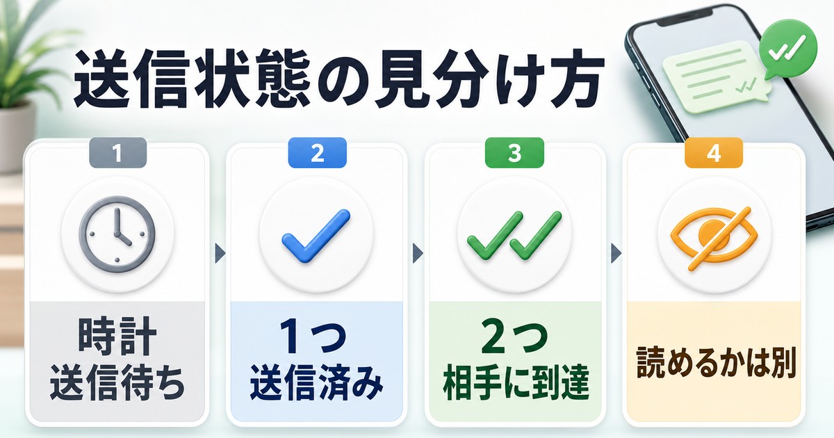 送信待ち、送信済み、相手に到達、読めるかは別という送信状態の見分け方を示す図