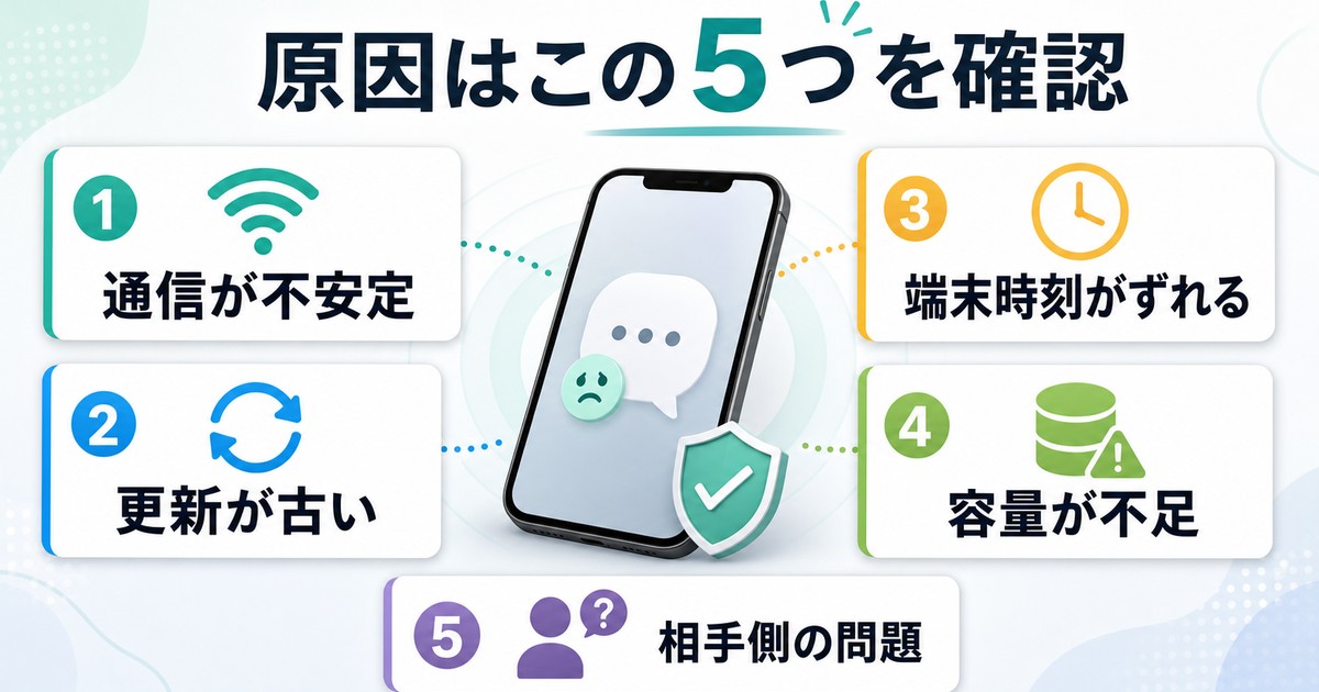 通信不安定、更新不足、端末時刻のずれ、容量不足、相手側の問題という主な原因を示す図