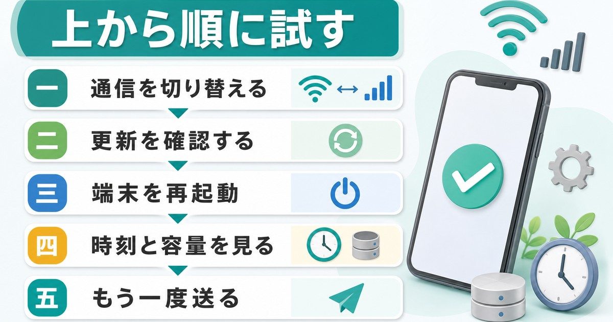 通信切替、更新確認、再起動、時刻と容量確認、再送の順で試す手順図