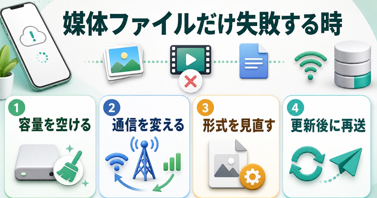 媒体ファイルだけ送れない時に容量、通信、形式、更新後再送を確認する図