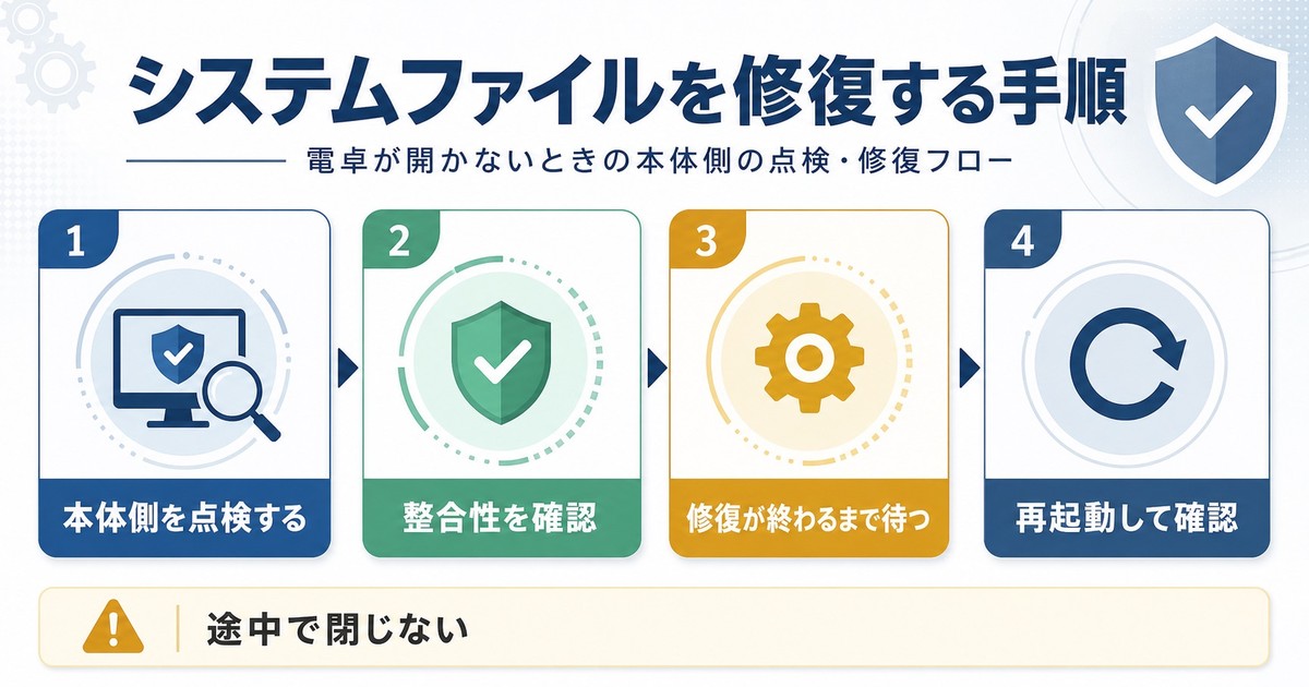 システムファイルの点検と修復後に再起動して確認する流れを整理した日本語画像