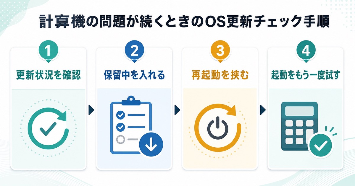 更新状況を確認して再起動後に電卓を再確認する流れを整理した日本語画像