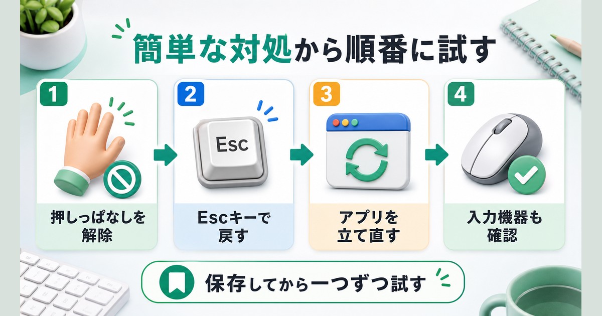 押しっぱなし解除、エスケープキー、アプリ立て直し、入力機器確認の順に試す図解