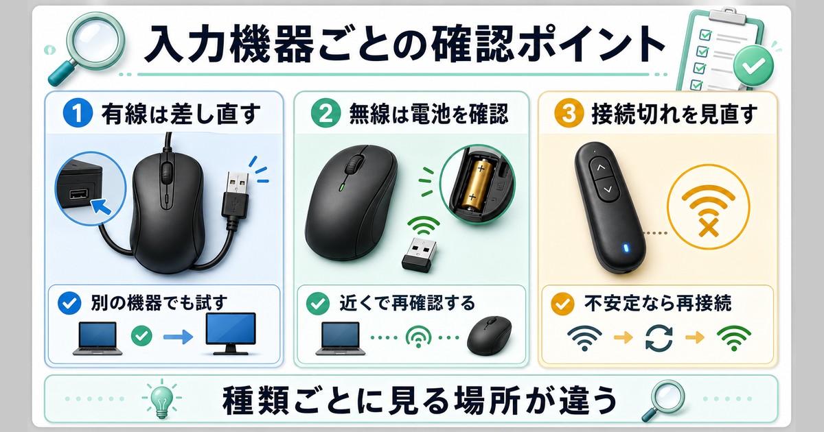 有線は差し直し、無線は電池確認、接続切れは再接続など入力機器ごとの確認ポイントをまとめた図解
