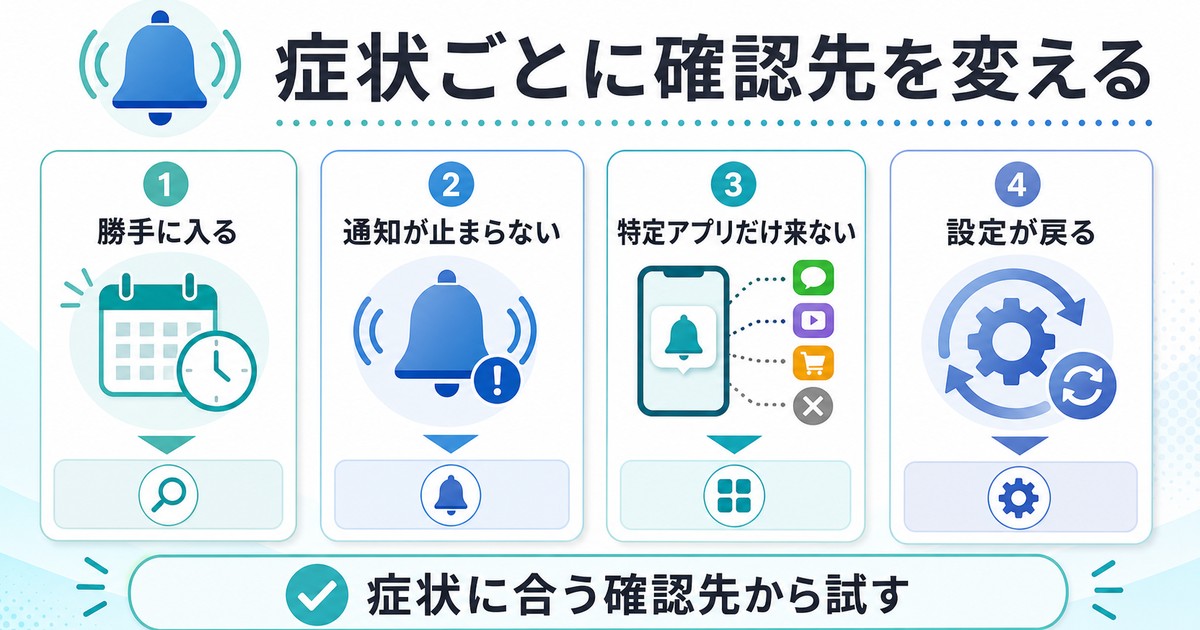 勝手に入る、通知が止まらない、特定アプリだけ来ない、設定が戻る症状ごとの確認先を整理した図
