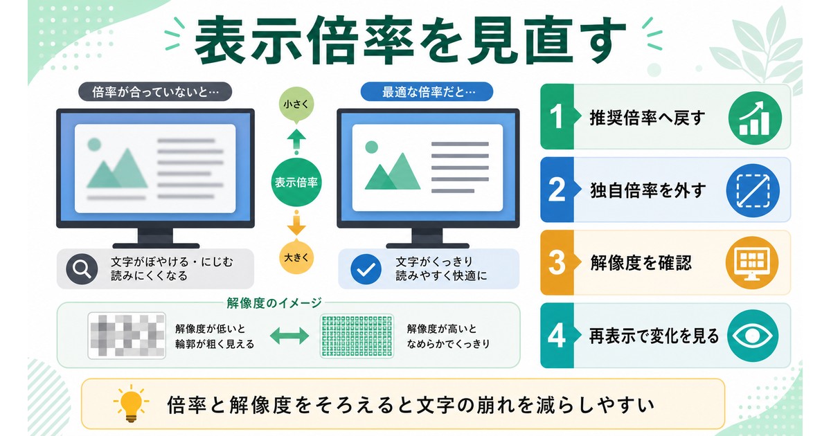 表示倍率を見直して文字のぼやけを減らす図解