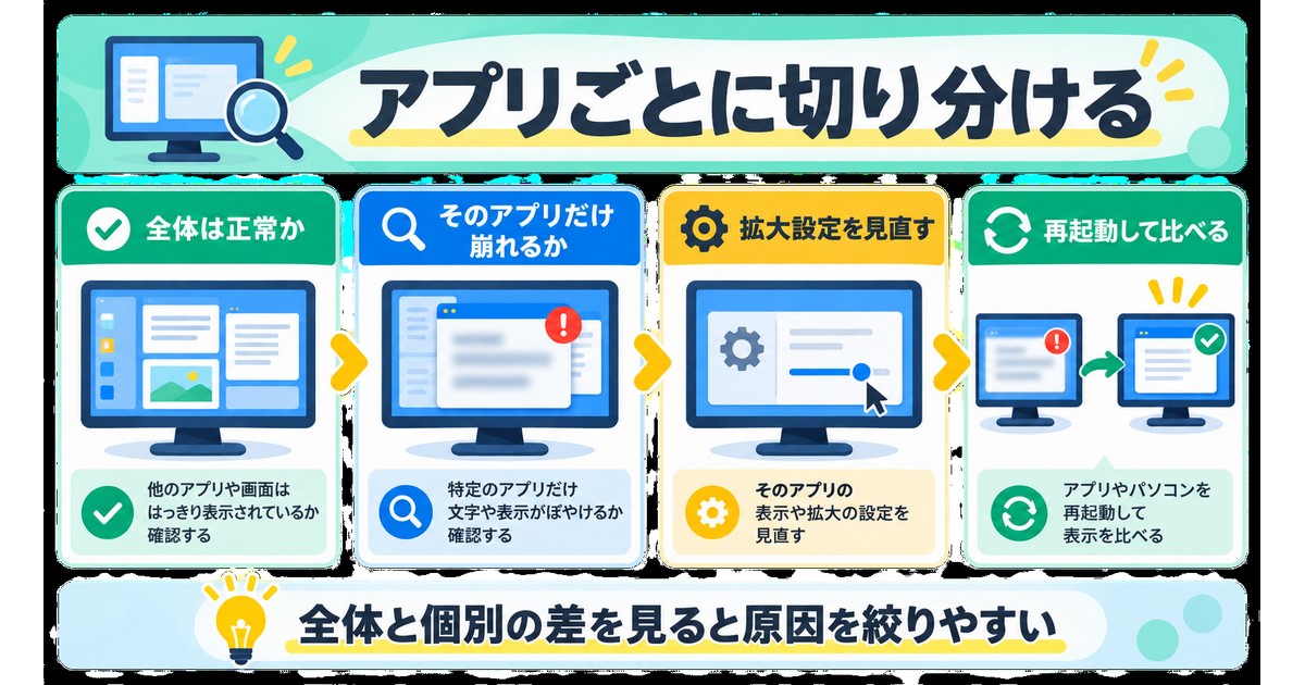 特定アプリだけ文字がぼやける時の確認順を示す図解