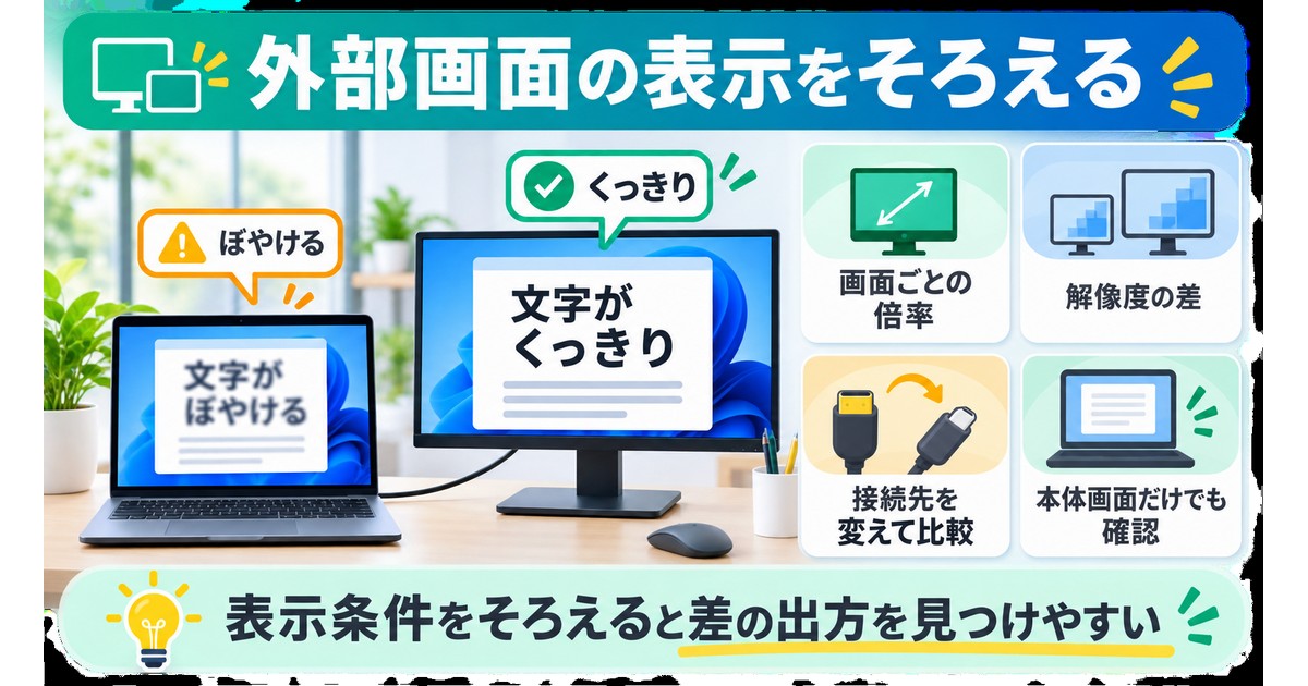 外部モニター接続時の文字ぼやけを切り分ける図解