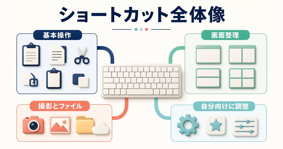 Windowsキーボードショートカットで学べる内容を四分類した図