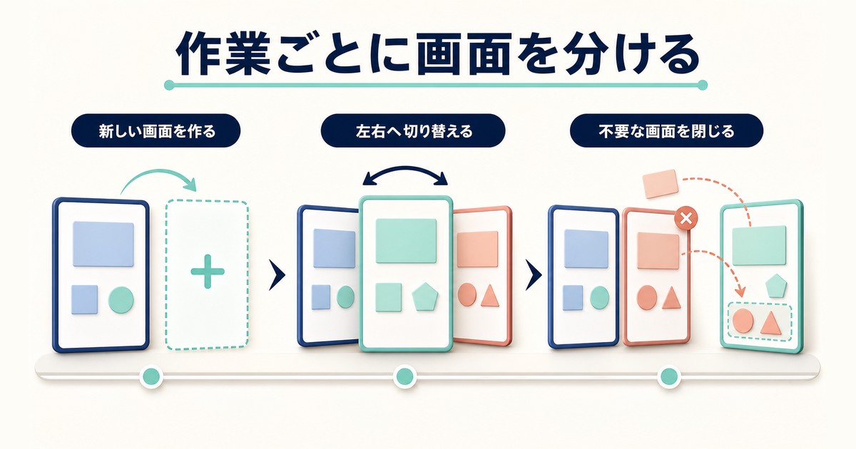 Windowsの仮想デスクトップを作成し切り替えて閉じる流れの図