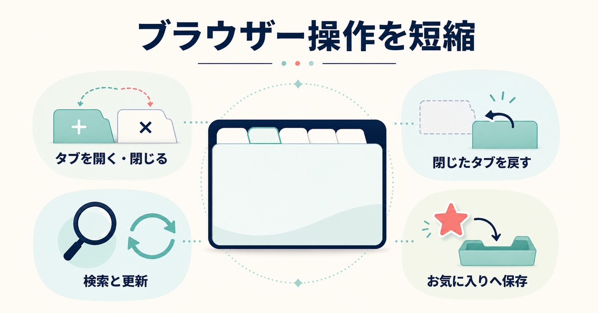 ブラウザーのタブ検索更新お気に入り操作を整理した図