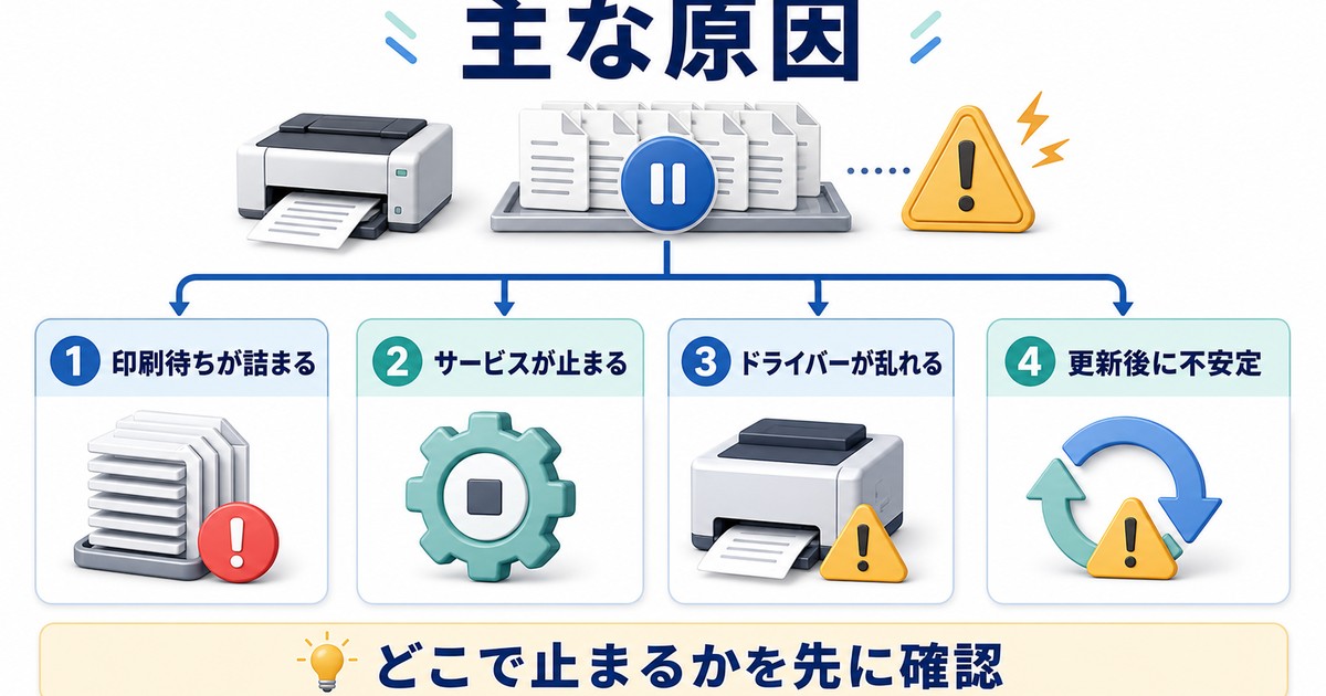 印刷スプーラーが止まる時に詰まりやドライバーや更新状態を切り分ける図解