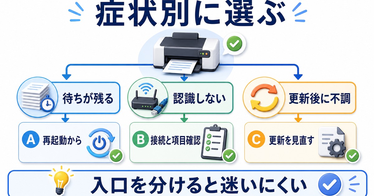 印刷待ちが残る時と認識しない時で対処順を分ける図解