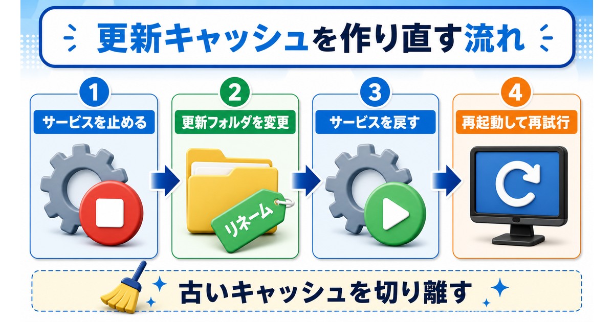 Windows Updateのキャッシュを作り直す流れの図解