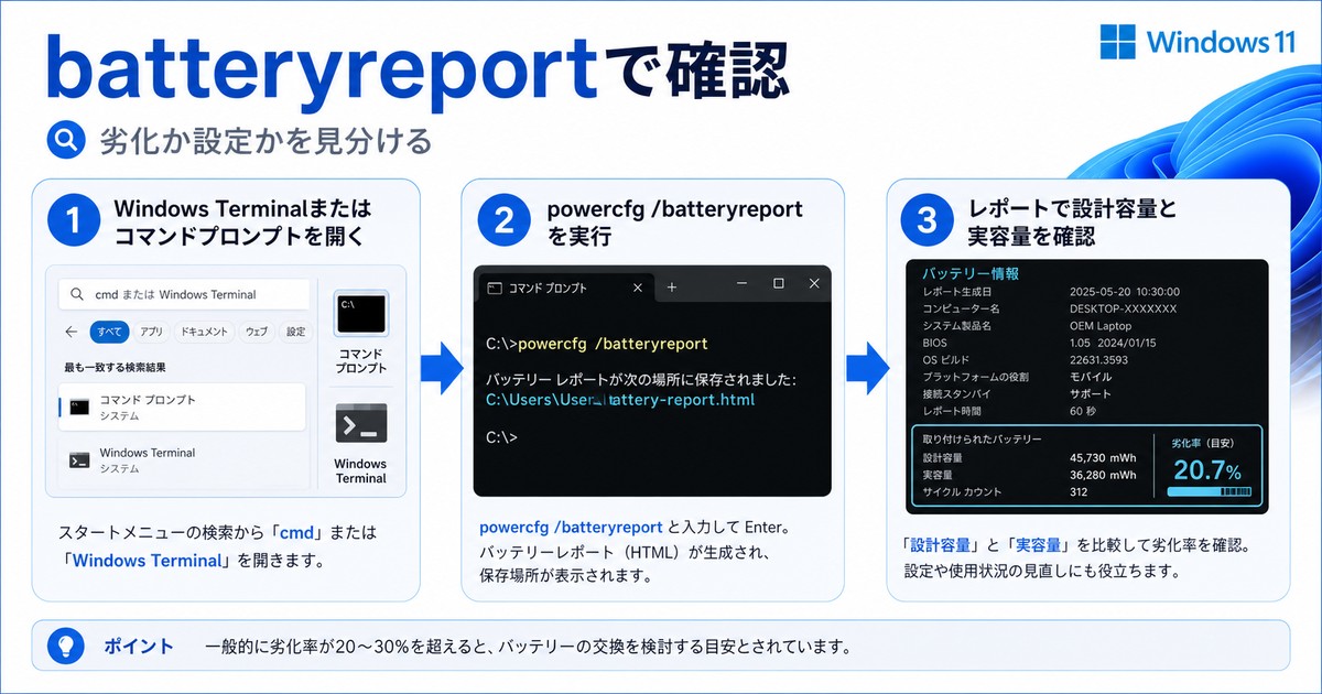 powercfg batteryreportでバッテリー状態を確認する図解