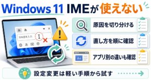 Windows 11のIMEが使えない時に原因の切り分け、順番に試す直し方、アプリ別確認を整理した画像