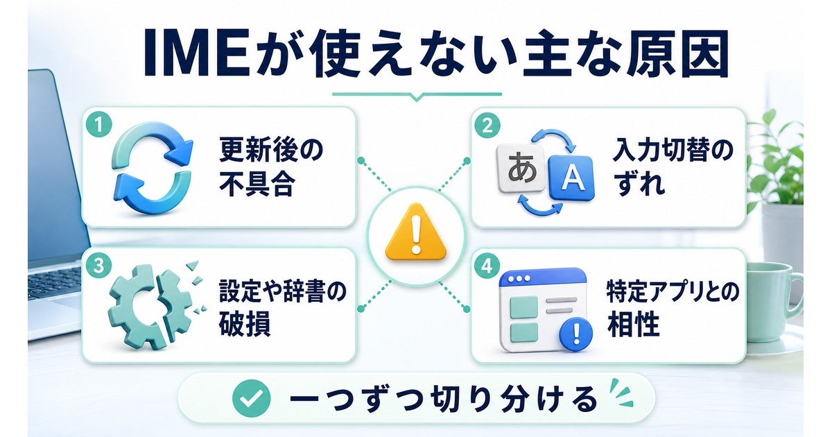 Windows 11でIMEが使えない時に更新、入力切替、設定破損、アプリ相性を切り分ける図