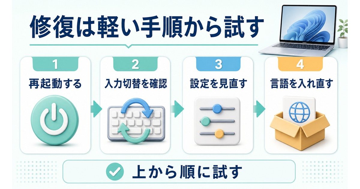 IME修復で再起動、入力切替確認、設定見直し、言語の入れ直しを順に試す図